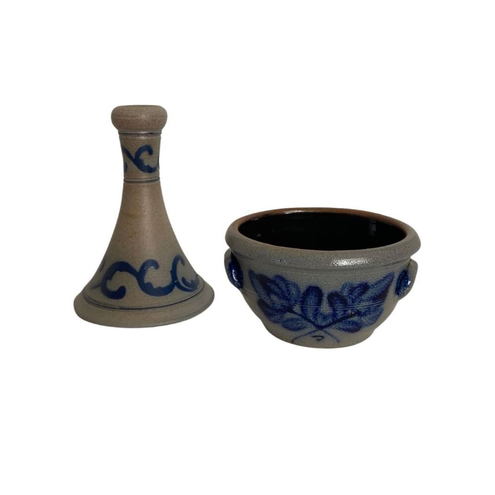 Rowe Pottery Works Bowl & WI Pottery Candlestick Salt Glaze Blue 1987 1991